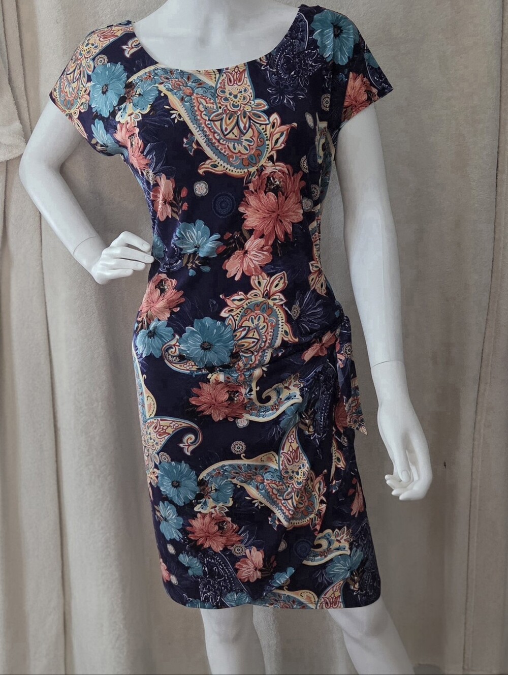 Connected Apparel Navy Midi Dress with Coral & Teal Floral Paisley
